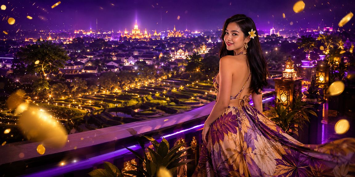 Suasana hiburan casino mewah dengan pencahayaan neon yang mencolok dan meriah