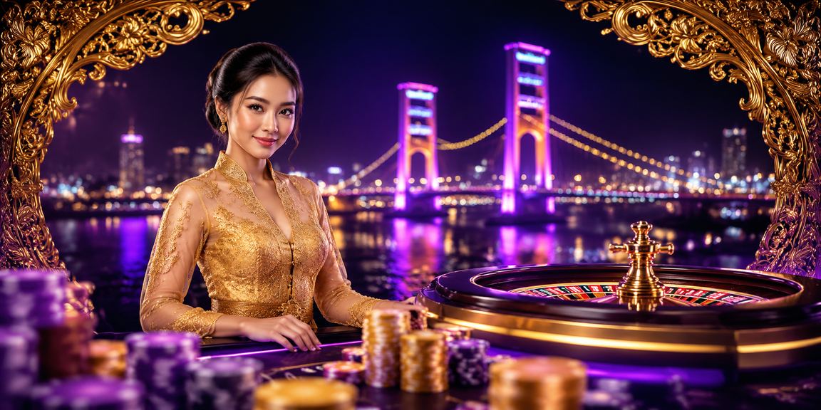 Meja roulette casino dengan cahaya neon berwarna-warni yang modern dan dinamis